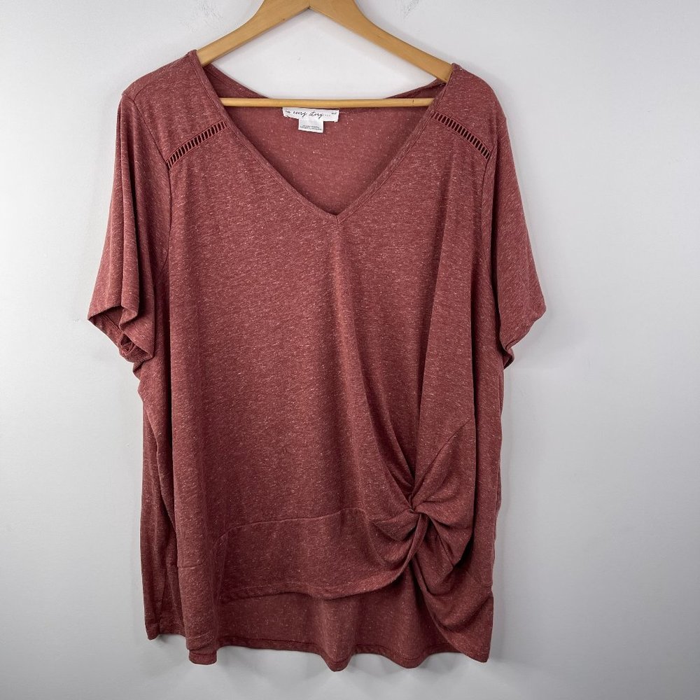 Penningtons Women Red Brick V Neck Short Sleeve Knot on Hem Top Size 4X
